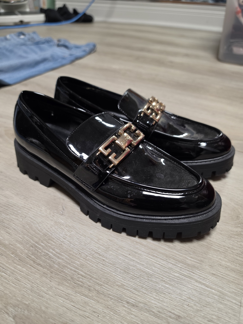 Aldo Black Patent Loafers with Gold Chain Detail